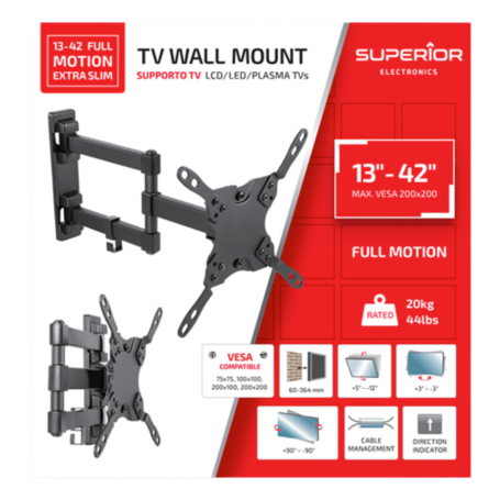 Fixation, Montage TV - Support Mural TV Incliné Extra Slim 23″-42″ - VESA Max 200/Max 35 kg - Superior Electronics SUPSTV008, pr