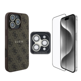 GUESS Bundle Protecteur 3-en-1 pour iPhone – Coque MagSafe, Verre trempé et Protection d’objectif caméra 4G Rhinestone – Marron