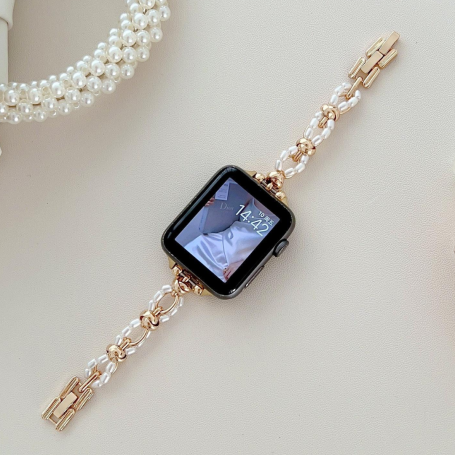 Bijou, Accessoire - Bracelet de Petites Perles Ovales pour Apple Watch - Acier Inoxydable - Or et Blanc, prix de gros.