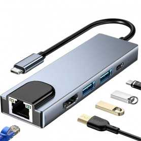 Hub Multifonction 5 en 1 : Type C vers PD, USB 3.0 - Gris | Achat en ligne
