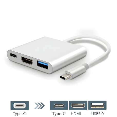 Hub Type-C 3 en 1 - HDMI 4K + Type-C + USB C 3.0 - Argenté