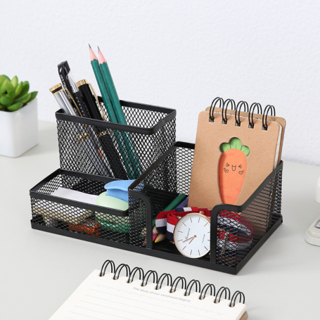 Desk Tidy Pen Holder - Black Metal 20.5x10.5x9.5cm