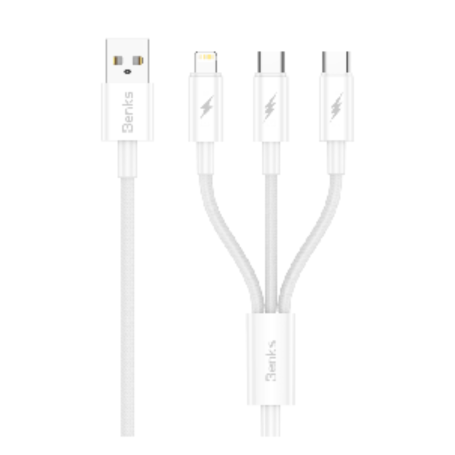 Câble de Charge 3 en 1 Type-C / Type C + Type C + Lightning Benks D46 - 1,2 m – Ultra Rapide et Résistant - Blanc