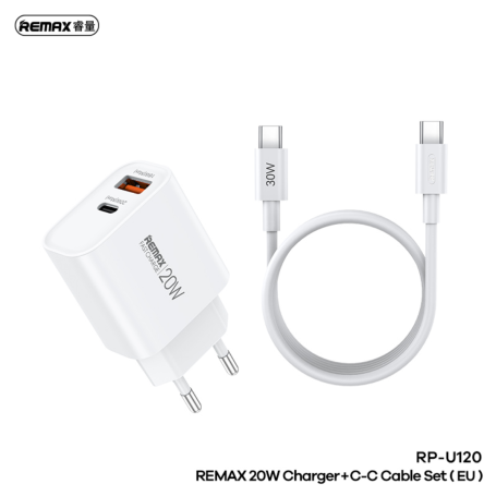 Kit Chargeur 20W USB + Type-C avec Câble Type-C / Type-C REMAX Kiddy Series RP-U120 - EU - Blanc