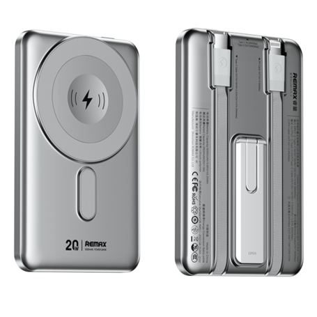 Power Bank Magnétique 5000mAh REMAX CX-1 15W avec câbles Lightning + USB-C + support intégré - Argent