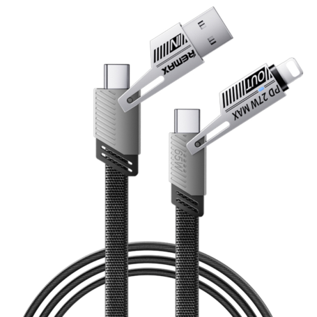 REMAX RC-C189 65W Braided 4-in-1 USB/Type-C to Lightning/Type-C Fast Charging Cable - 1M - Black