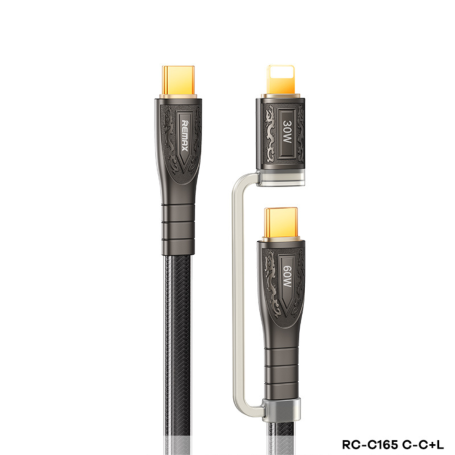 REMAX Type-C / Type C + Lightning 2-in-1 Zinc Alloy Braided Fast Charging Data Cable 60W 1.2M Prime Series RC-C165 - Black