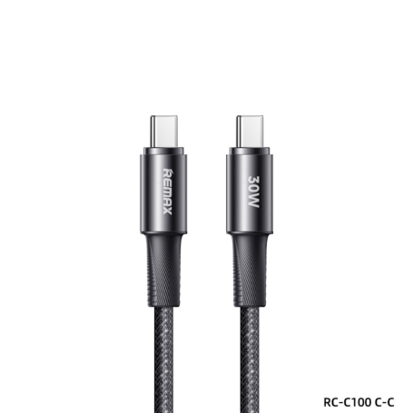 Câble USB-C / USB-C en Alliage d'Aluminium Tressé avec Charge Rapide 30W REMAX Fonsu Series RC-C100 - 1.2M - Noir