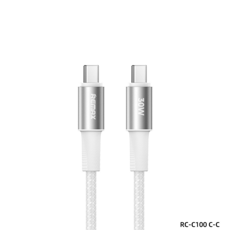 Câble USB-C / USB-C en Alliage d'Aluminium Tressé avec Charge Rapide 30W REMAX Fonsu Series RC-C100 - 1.2M - Blanc