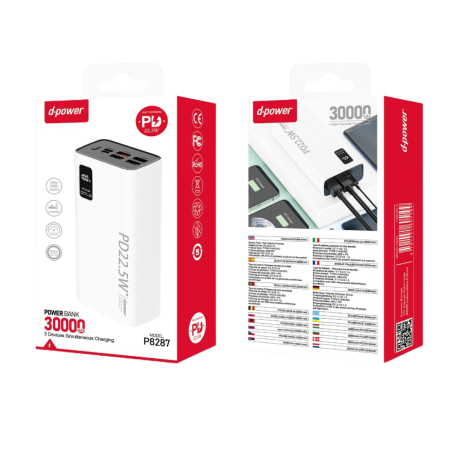 Power Bank 22.5W 30000mAh - D-power P8287 - Blanc