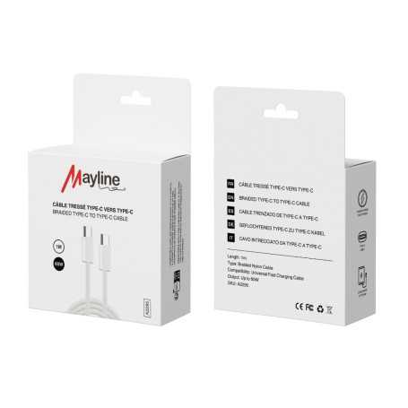 Câble Type-C / Type-C Tresse nylon 60W - Compatible iPhone/Samsung - Tresse nylon 1M (Mayline)