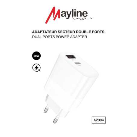 DUAL Ports Power Adapter 20W – USB QC 3.0 & Type-C PD 20W – Fast Charger (Mayline)