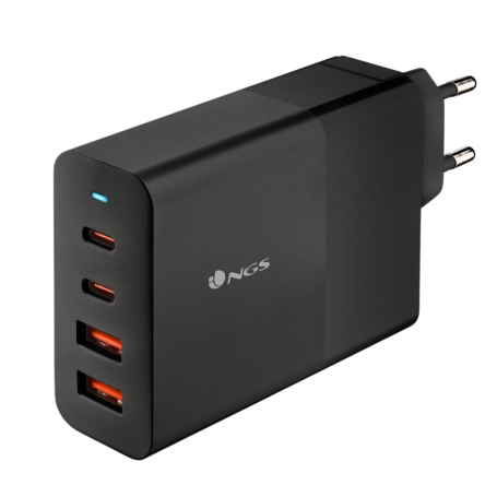 NGS Bud 100W Chargeur Mural GaN Ultra-Rapide 100W avec 4 Ports (2 USB-C + 2 USB-A) - Noir