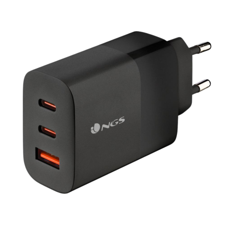 NGS Bud 65W Chargeur Mural GaN Ultra-Rapide 65W avec 3 Ports (2 USB-C + 1 USB-A) - Noir
