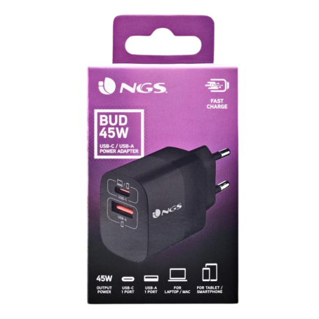 NGS Bud 45W Chargeur Mural GaN Ultra-Rapide 45W avec 2 Ports (1 USB-C + 1 USB-A) - Noir