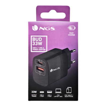 NGS Bud 33W Chargeur Mural GaN Ultra-Rapide 33W avec 2 Ports (1 USB-C + 1 USB-A) - Noir